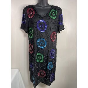 Vtg 90s Black Floral Silk Beaded Sequin Cocktail Party Dress Size 12 V Neck
